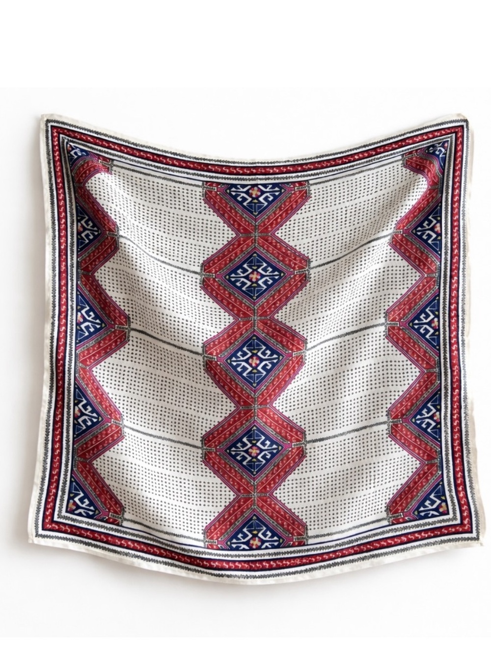 NWT Juliska White Silk Scarf with Red and Blue Geometric Motif